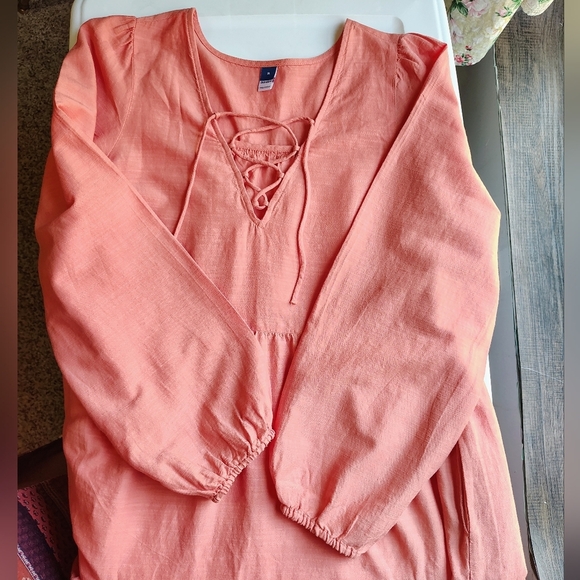 Tiered Lace-Up Mini Swing Dress Eyelet Floral Hem Coral Long Sleeve M. - Picture 12 of 17